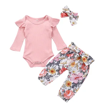 

Baby's Sets Baby Girl Long Sleeve Romper Tops+Flower Print Pants + Headband Casual Costume Sets