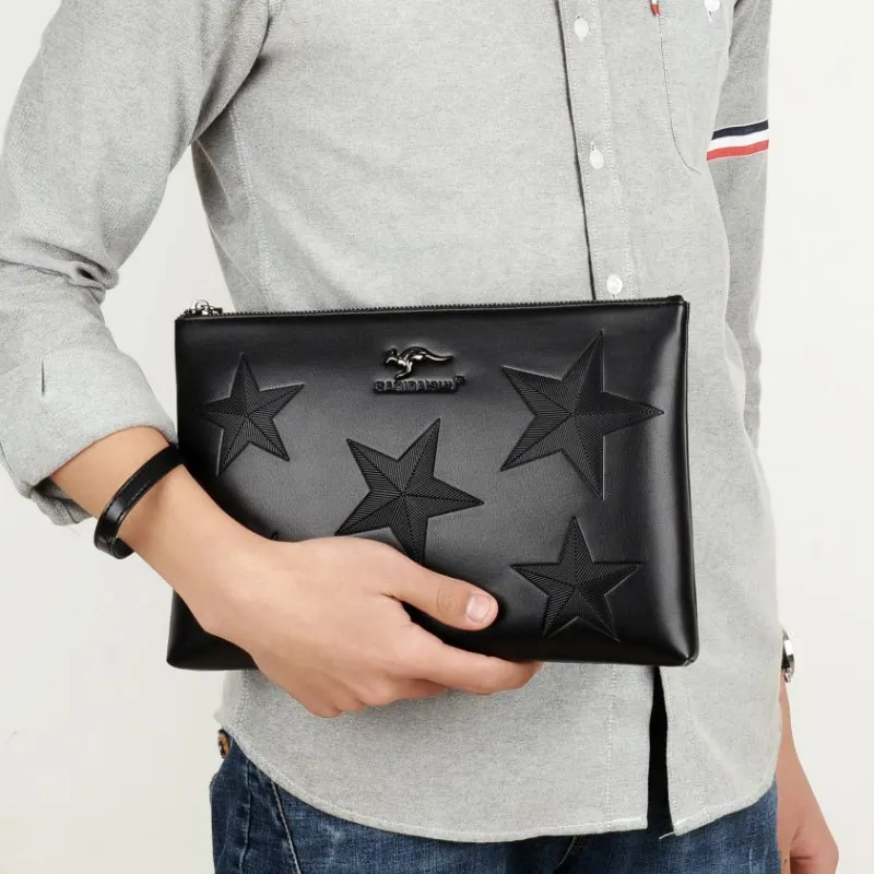 Star Embossing Men's PU Leather Wallet Handbag Zipper Clutch Long Wallet Business Large Capacity Clutch Purse Detachable Wristle