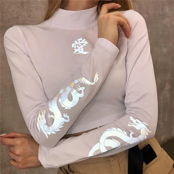 

Women Fashion T-shirts O-neck Short Tshirt Turtleneck Long Sleeve Dragon Pattern Slim Harajuku T-Shirts