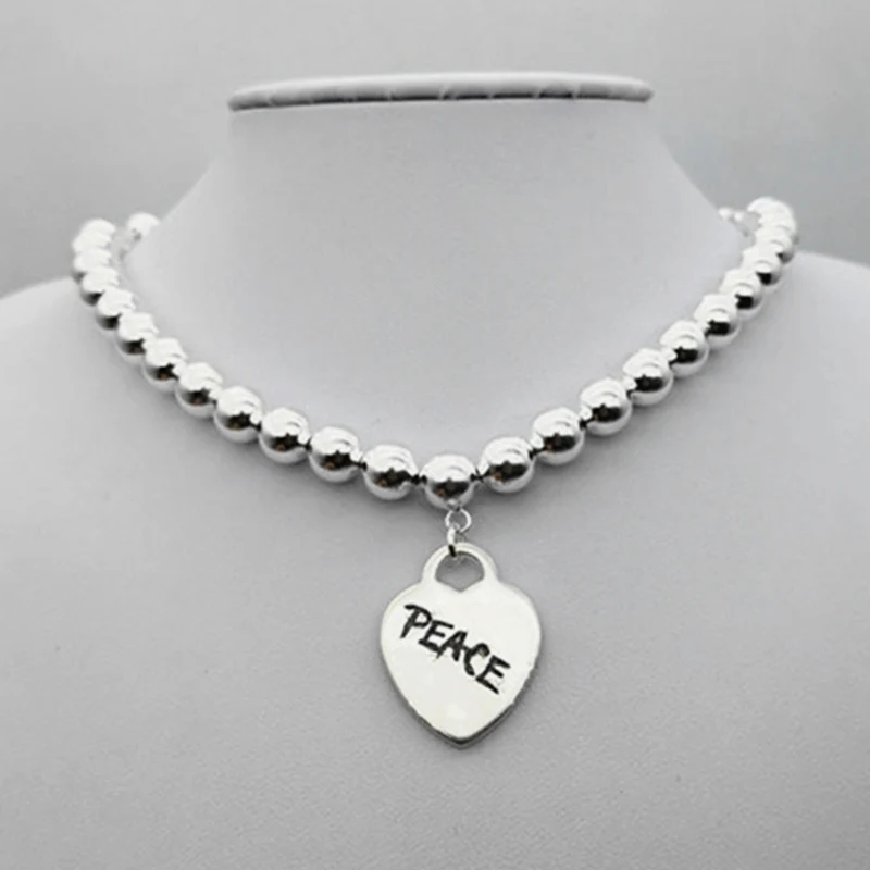 

SHINETUNG Original 100% S925 Sterling Silver Beaded Heart-Shape Letter PEACE Pendant Trendy Necklace Women Logo High-End Jewelry