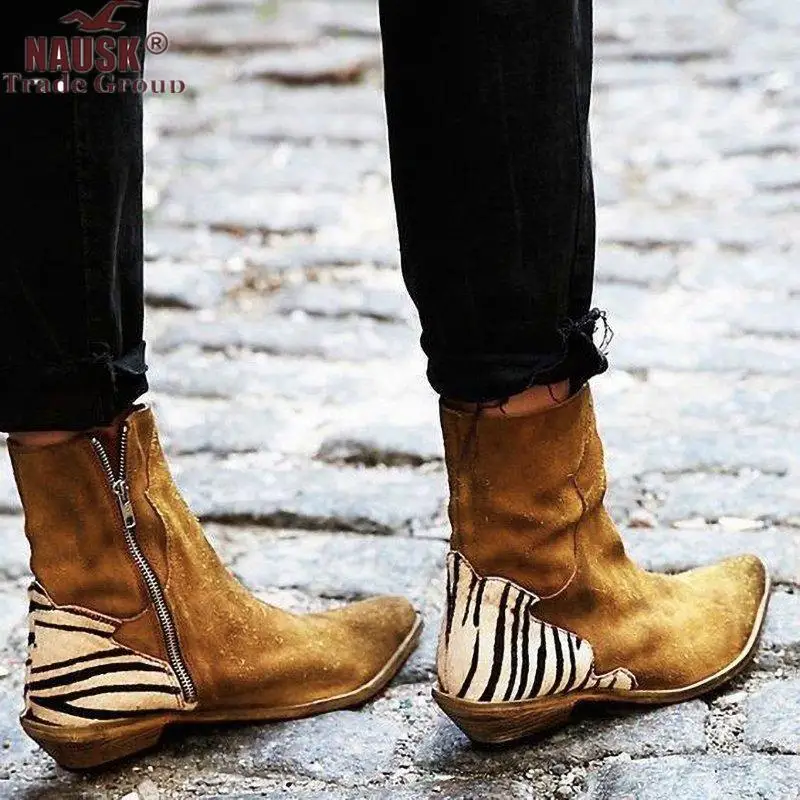 

NAUSK Women Shoes 2019 Sexy Leopard Pointed Toe Ankle Boots Zipper Zebra Pattern Deep Flat Heel Boots Lady Shoes Women Botas