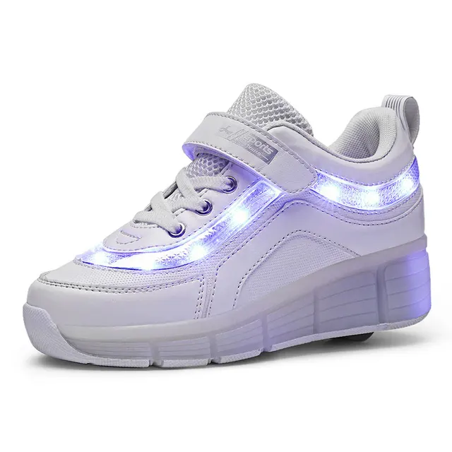 US $13.11 Black Pink White USB Charging Fashion Girls Boys LED Light Roller Skate Shoes For Children Kids Sne
