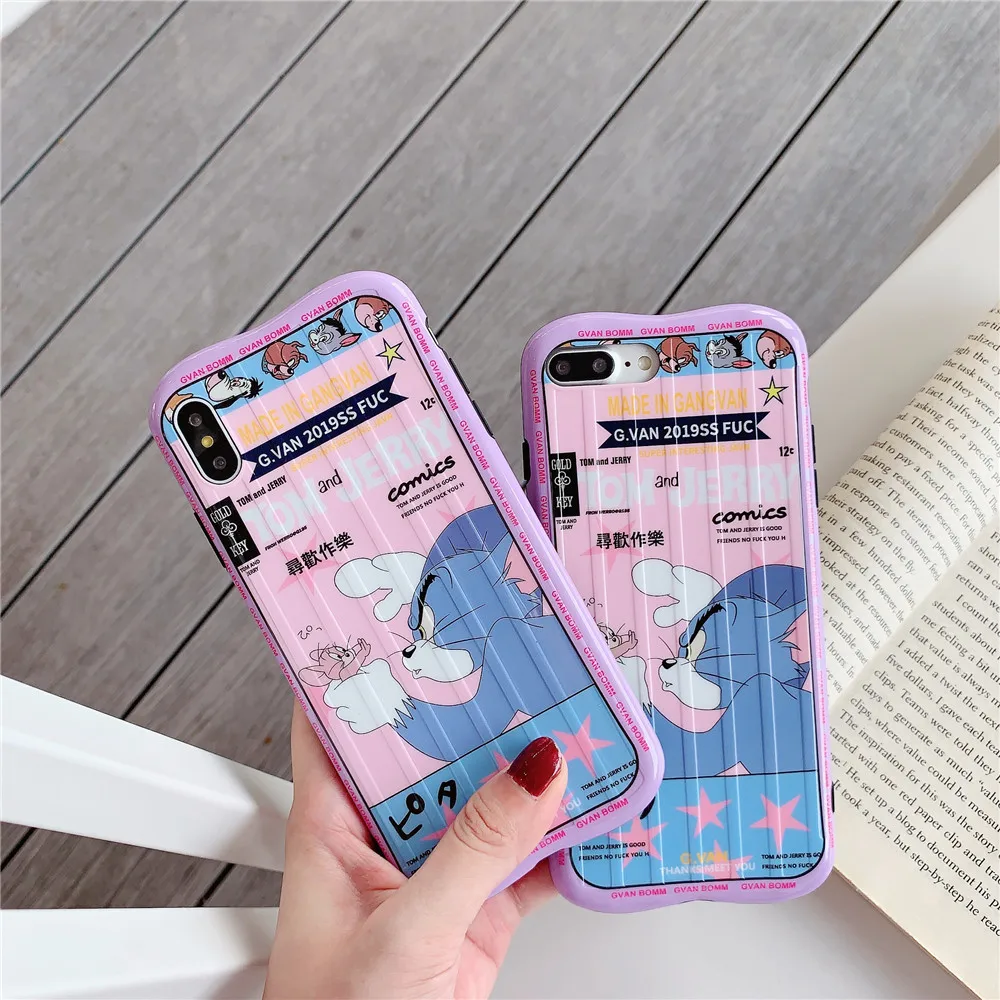 

Cartoon Cute Tom and Jerry Phone Case For iPhone11 XR XS MAX Fashion Funny Suitcase Shell For iPhone8 6S Plus Curved Edges Cover