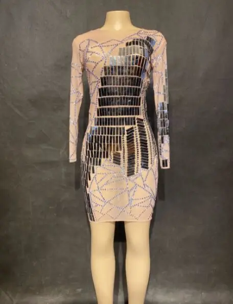 dress only Блестящие Серебряные зеркала платье Прозрачная перспектива цельное платье для вечеринки, дня рождения Праздничный костюм для пения, танцев DJ костюм - Цвет: dress only