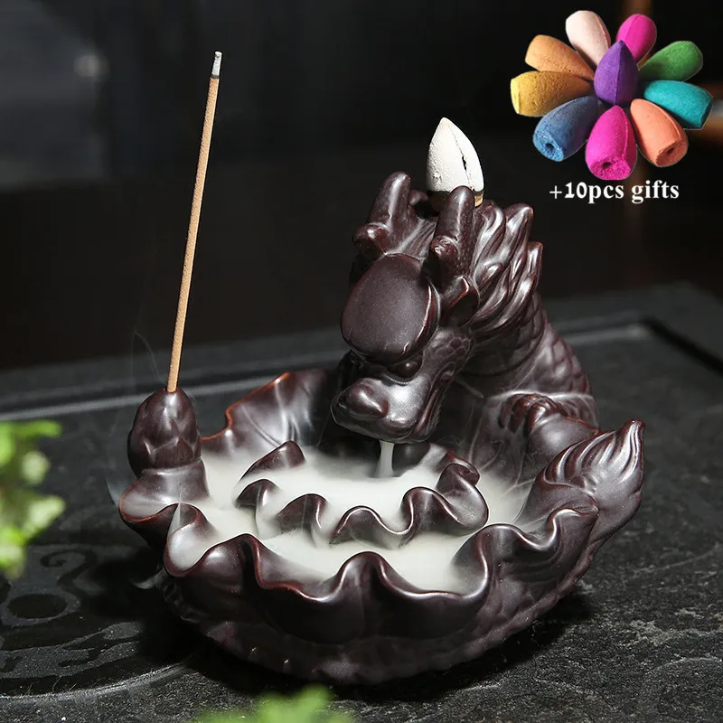 

Ceramic Black Dragon Backflow Incense Burner Incense Stick Holder Handicrafts Waterfall Censer Home Office Decor + 10pcs Cones