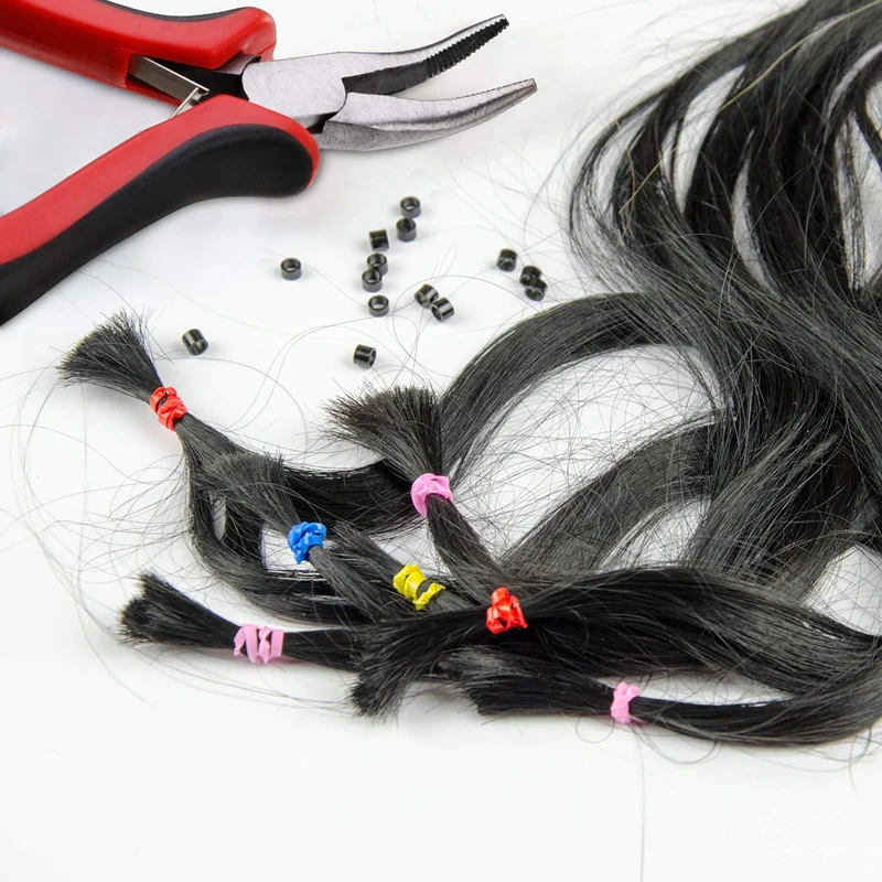Hair Extension Kit Pliers Pulling Hook Bead Device Tool Kits and 1500 Pieces Silicone Lined Micro-Rings(Black Beads