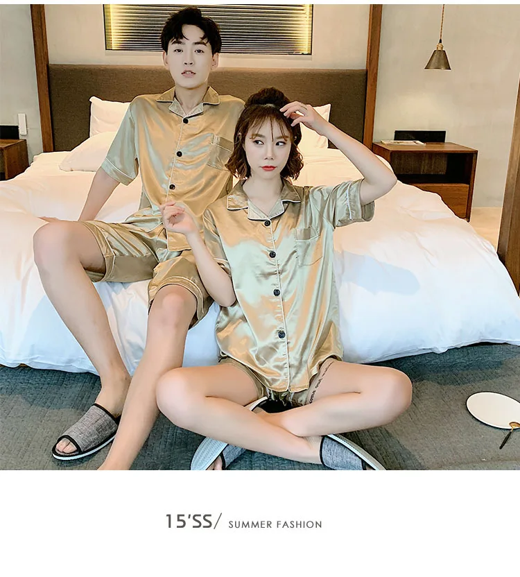 Yidanna Couple Pajamas Set Polyester Nightwear Short  Sleeved Sleepwear Summer Sleep Clothing Imitation Silk Nighties Women Paja silk pj set