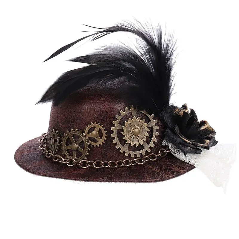 Victorian Steampunk Gear Chain Lace Trim Mini Top Hat Hair Clip Costume Headwear 