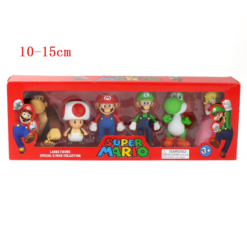 Большой Стиль, на стопу длиной от 10 до 15 см 6 шт./компл. Super Mario Bros Фигура Куклы супер Марио Луиджи Принцесса Персик Йоши гриб Донки Конг PVC Моделя с хорошим спросом игрушка - Цвет: 6pcs with box