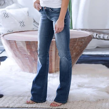 

Puimentiua 2019 New Arrival Women's Slim Jeans Pants Fashion Show Thin Casual Ripped Jeans Female Flared Trousers Long Pants