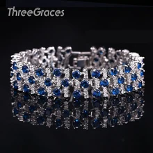 Threegraces jewelry моды белого золота Цвет Роскошный белый и Королевский синий CZ Кристалл Камень большой Браслеты браслеты для Для женщин BR038