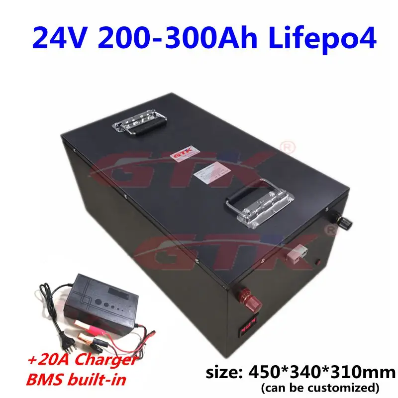 24V 220ah 230ah 250ah 260ah 280ah 300ah 320ah LiFepo4 lithium battery with BMS for Inverter Solar RV backup power+20A Charger |