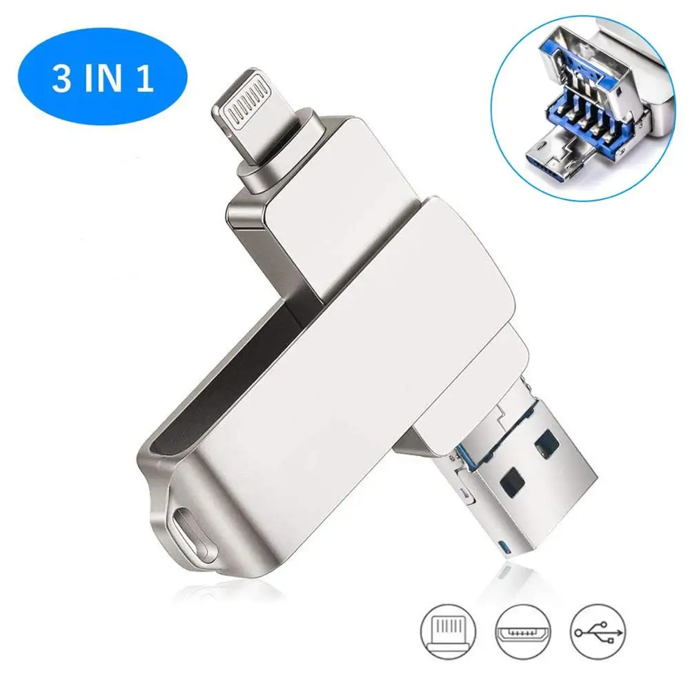 64GB Usb Flash Drive USB 3.0 for iPhone 3 in 1 USB 3.0 Lightning Micro Metal Data Storage USB Thumb Drive 3.0 Jump Drives Memory