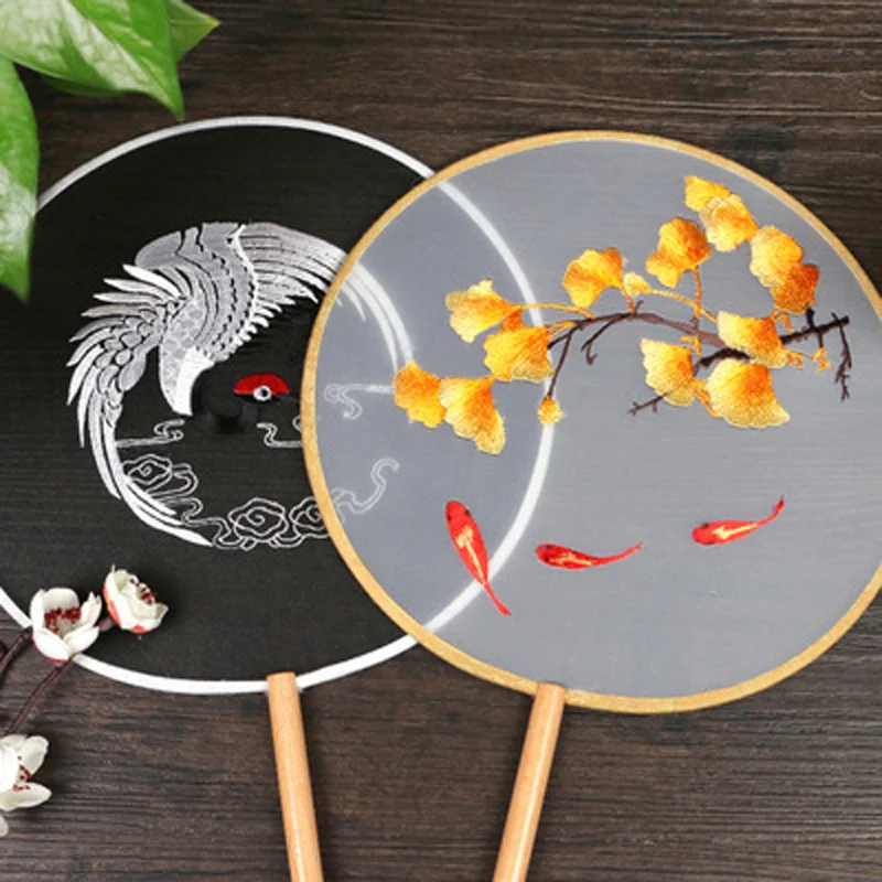 Circular Embroidery Round Fan, Antique Style, Hanfu Cheongsam, Ancient Costume, Female Dance Fan with Classical Long Handle