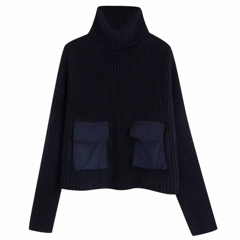 2019 new women vintage turtleneck collar pockets patch casual loose sweater ladies basic knitted pullovers autumn chic tops S209 | Женская
