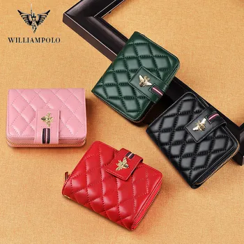 

WilliamPolo Full-Grain leather Short Wallet Women Fashion casual Credit Card Holder Coin Purses Business sheepskin