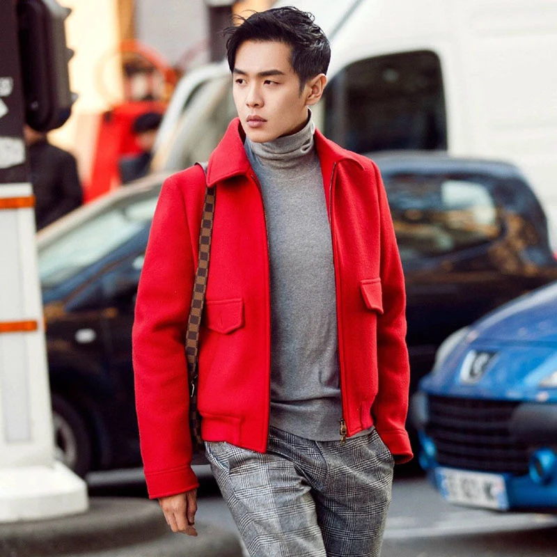 

2019 autumn and winter new woolen coat short casual shirt men's woolen coat lapel zipper hair stylist tide male