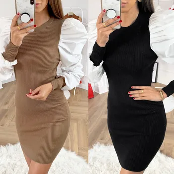 

Ladies Round Neck Striped Puff Sleeve Slim Mini Dress Dropshipping fashion Work clothes winter Selling 2020 new products