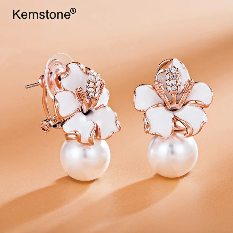 Kemstone розовое золото цвет Искусственный жемчуг для женщин цветы серьги гвоздики ювелирные изделия подарки с Австрией Стразы