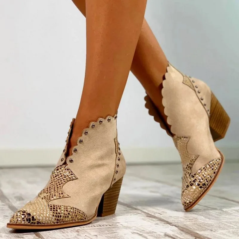 New Women Retro Lace PU Leather Ankle Boots Autumn Winter Snake Print Pointed Toe High Heel Cowboy Short Boots Women Boots