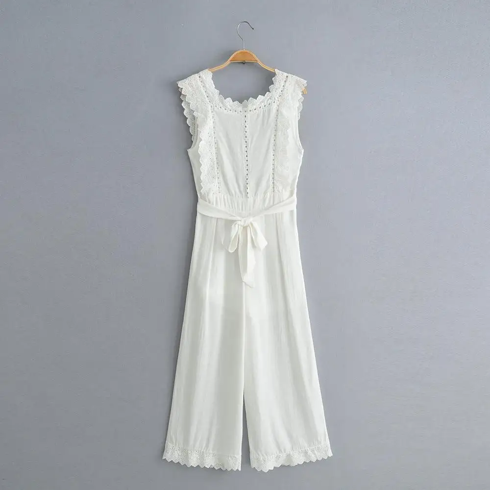 Embroidery Women Elegant Hollow Out Sashes Sexy Jumpsuit Sexy Club Romper Casual Ladies Overalls Long Jumpsuit