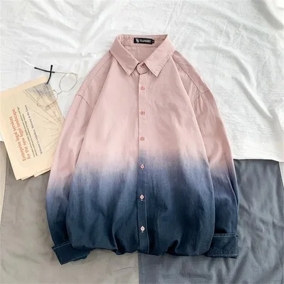 pink Мужская весенняя и осенняя Модная брендовая Корейская стильная ulzzang шикарная градиентная цветная рубашка с длинным рукавом, мужская повседневная цветная рубашка - Цвет: pink