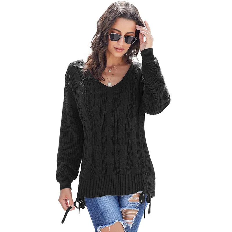 SEBOWEL, длинный рукав, ребристая вязка, шнуровка, женские пуловеры, свитера, женские, для осени и зимы, v-образный вырез, свитер, топы, Ретро стиль, S-XL - Цвет: Black Sweaters