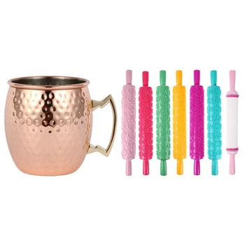 

1Pcs Hammered Copper Plated Beer Cup Coffee Cup & 7Pcs Different Patterns Non-Stick Rolling Pin Plastic Flower Embossed