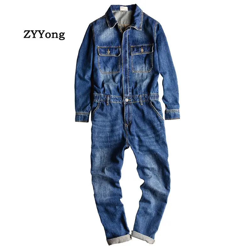 Men's Denim Jumpsuits Long Sleeve Lapel Overalls Jeans Blue Hip Hop Cargo Pants Streetwear Clothing Fashion Casual Trousers