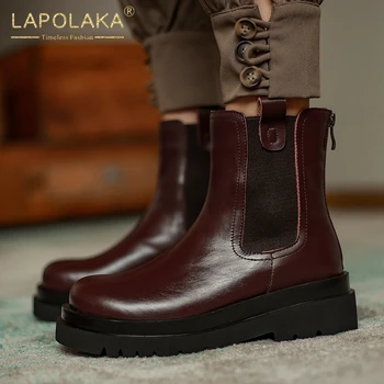 

Lapolaka New Fashion Genuine Cow Leather Fashion Boots Woman Shoes Zip Up Platform Luxury Autumn Winter Boots Female