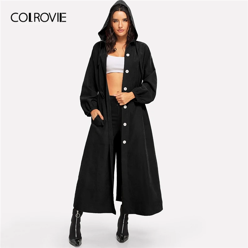 Женская длинная куртка с капюшоном COLROVIE черная однотонная разрезом на талии и