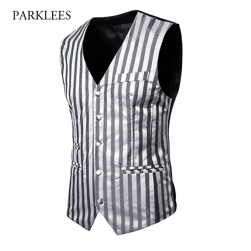 Luxury Striped Suit Vest Men New Slim Single Breasted Mens Glitter Waistcoat Wedding Party Stage Club Gilet Chaleco Hombre
