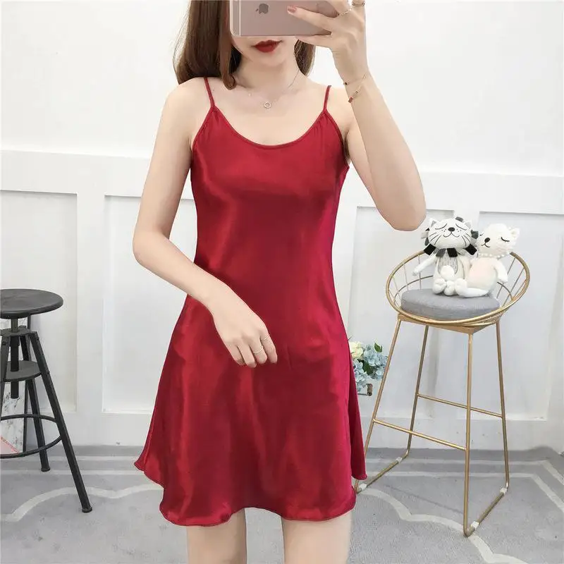 Большой размер 3XL-5XL атласная женская ночная рубашка красная юбка на подтяжках пижама сексуальная ночная рубашка неглиже летняя ночная рубашка - Цвет: Red