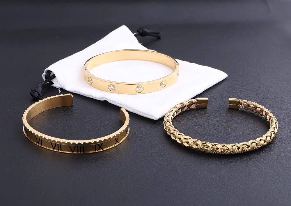 High Quality Luxury New Design 316L Stainless Steel Roman Cuff Bangle CZ Stone Bracelet Set Men - Image 3