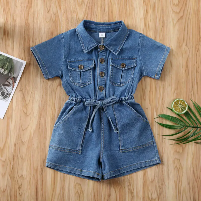 

Toddler Baby Kids Girl Denim Romper Jumpsuit Summer Short Sleeve Turn-down Collar Single Breasted Pocket Clothes Outfits
