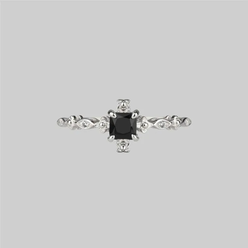 Vintage Male Female Black Zircon Ring Square Crystal Small Stone Wedding Ring Trendy Silver Color Engagement Rings For Women Men