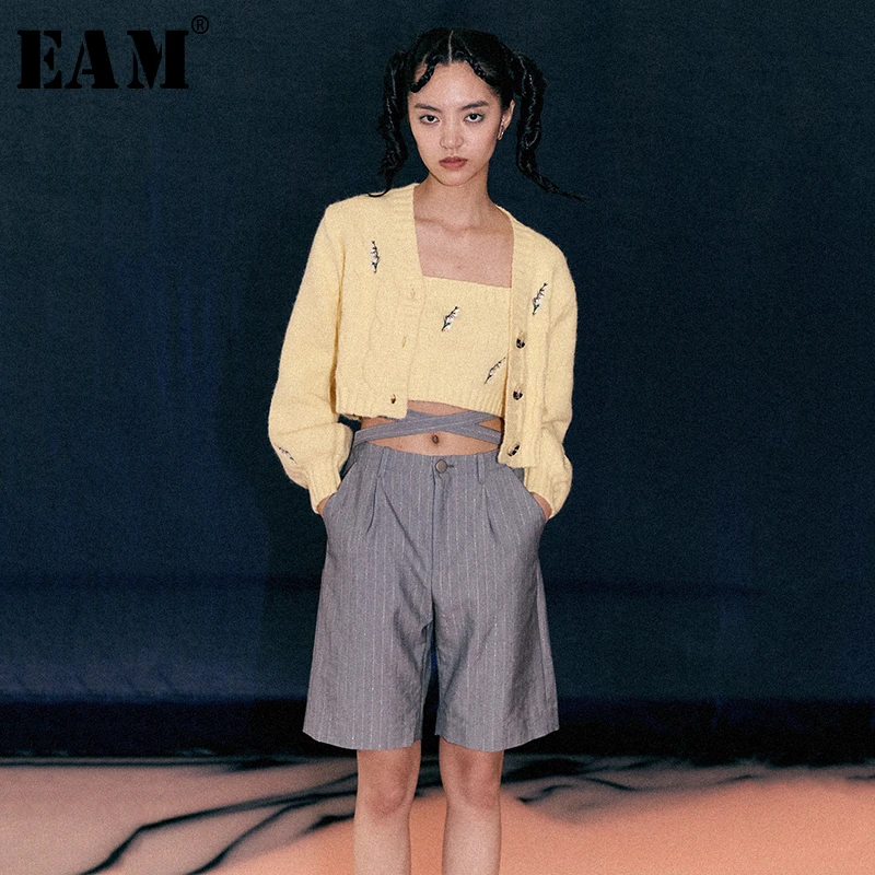 

[EAM] High Waist Gray Striped Split Joint Leisure Trousers New Loose Fit Pants Women Fashion Tide Spring Autumn 2019 1B904