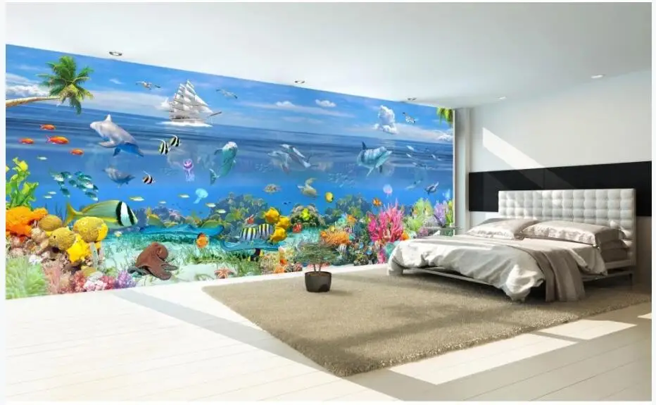 

Custom photo 3d wallpaper Ocean World Dolphin Coral Fish Sailboat living room home decor 3d wall murals wallpaper for walls 3 d