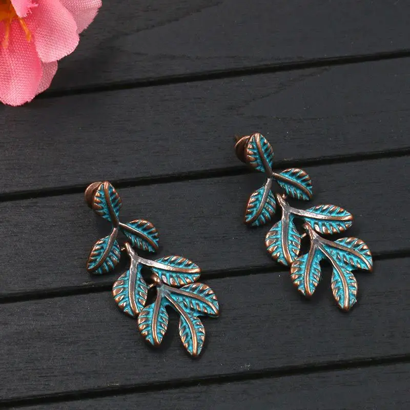 

Verdigris Patina Leaf Branch Earring Bohemian Ethnic Vintage Alloy Earrings Jewelry For Women