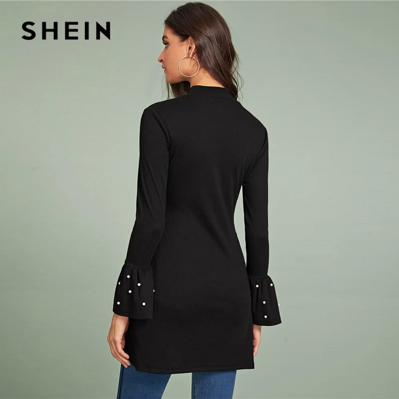 Preise SHEIN Schwarz Perlen Volant Sleeve Side Slit T Frauen Frühling Herbst Langarm Stehen Kragen Solide Lange Elegante T shirts