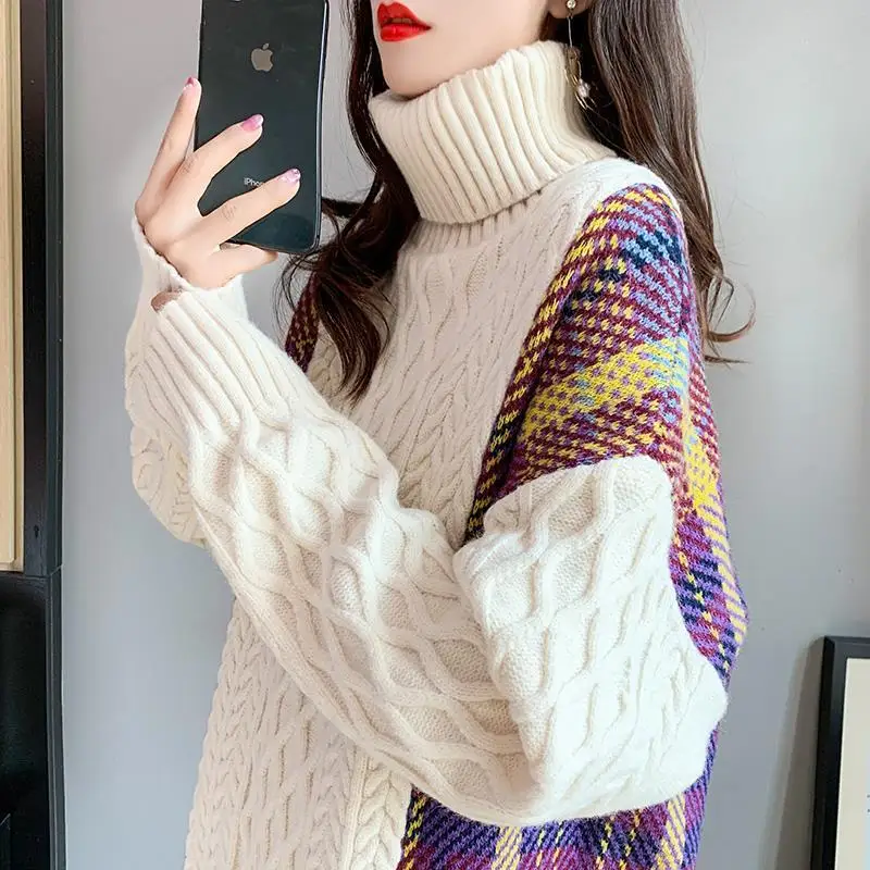 

Stitching twist sweater women's high neck very fairy loose lazy wind sweater thickened autumn and winter