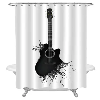 

Guitar Shower Curtain Set,Monochrome Musical Instrument with Strings Acoustic Color Splashes Creative Outlet Waterproof Fabric