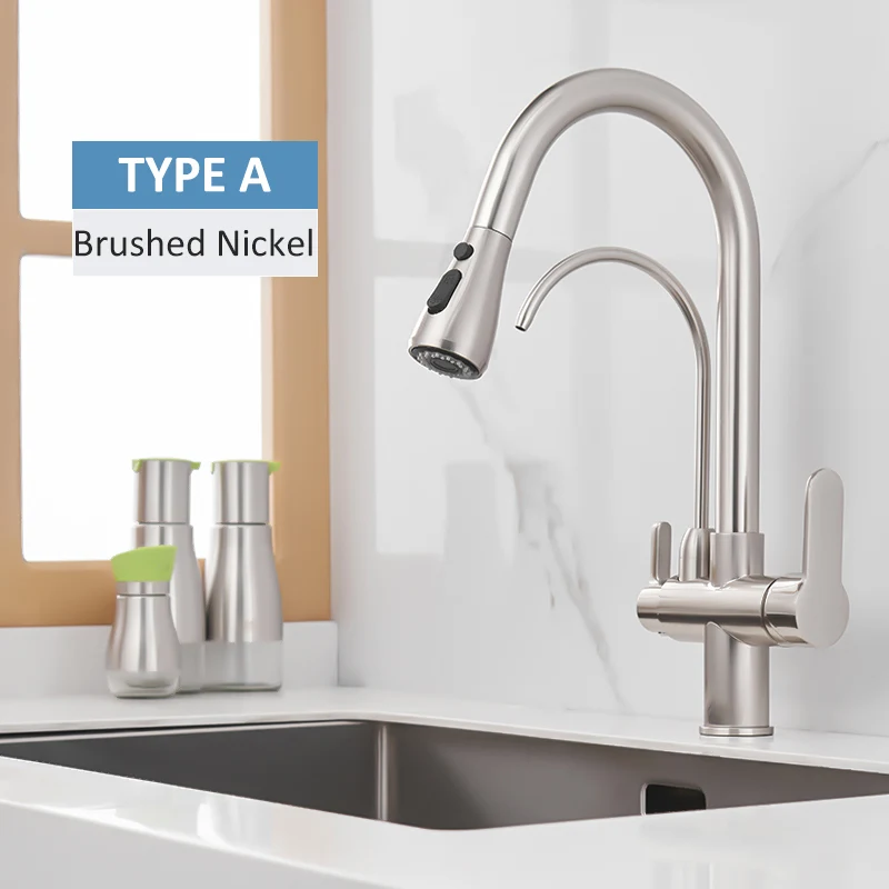 TYPE A-Brush Nickel Quyanre матовый черный фильтрованный кран для кухни выдвижной распылитель вращающийся на 360 градусов фильтр для воды кран Три способа смеситель для раковины кухонный кран - Цвет: TYPE A-Brush Nickel
