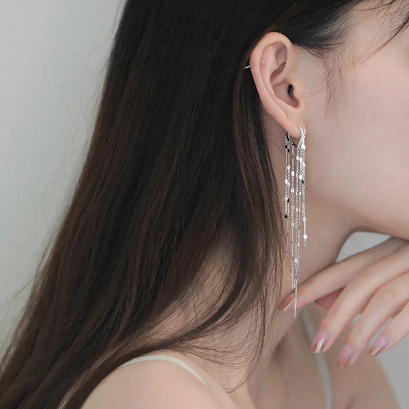Hoop Earrings Silver Color Light Luxury Long Tassel Woman Trendy Temperament Heart-Shape Elegance Handmade Fine Jewelry