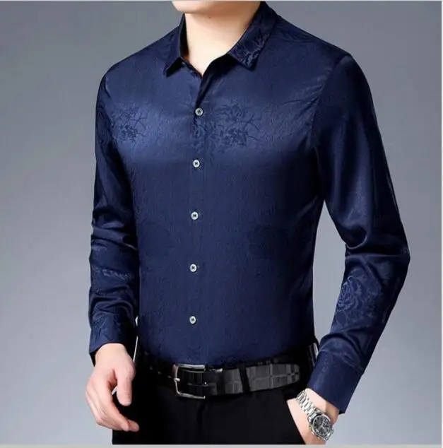 Новое поступление, мужская рубашка с цветочным принтом, шелковая рубашка с длинным рукавом, Мужская модная Тонкая шелковая одежда из мягкого атласа