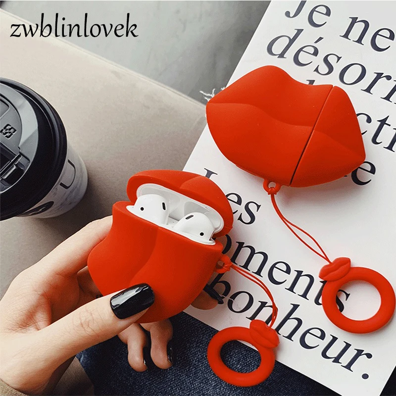 New Airpods Protective Cover Sexy Cute Red Lips Keychain Silicone For Airpods1 2 3 Apple Earphones Women Gift | Электроника