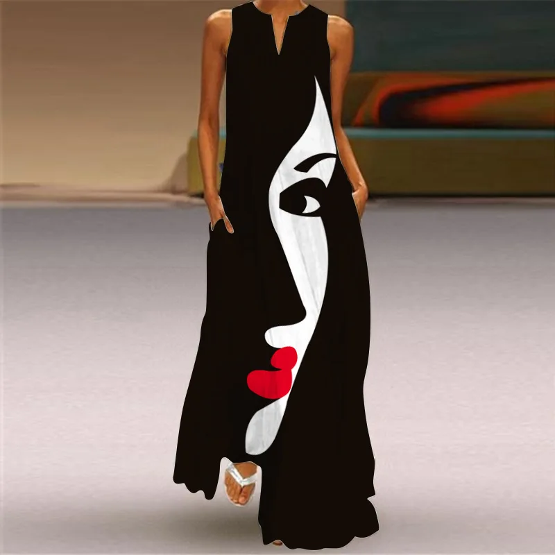 MOVOKAKA Human Face Printed Black Dress 2022 Elegant Casual Vintage Dresses Woman Summer Beach Sleeveless Girls Long Dress Women monsoon dresses Dresses