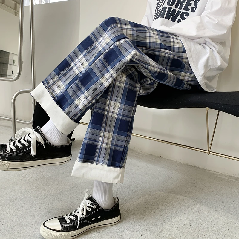 

Men's Plaid Printing Casual Pants Cargo Baggy Pocket Trousers Streetwear Wide Leg Pants Oversized Cotton Joggers Sweatpants