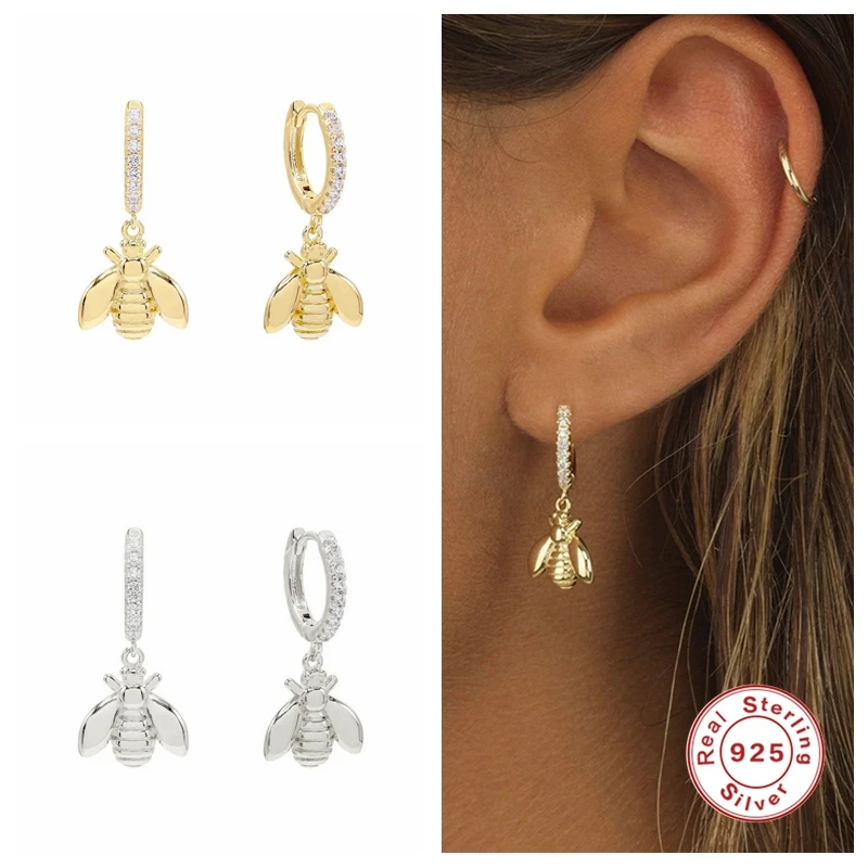 Aide-Pendientes de aro de Plata de Ley 925 para mujer, con personalidad de abeja e insectos, Piercing, Color dorado, Plata 925