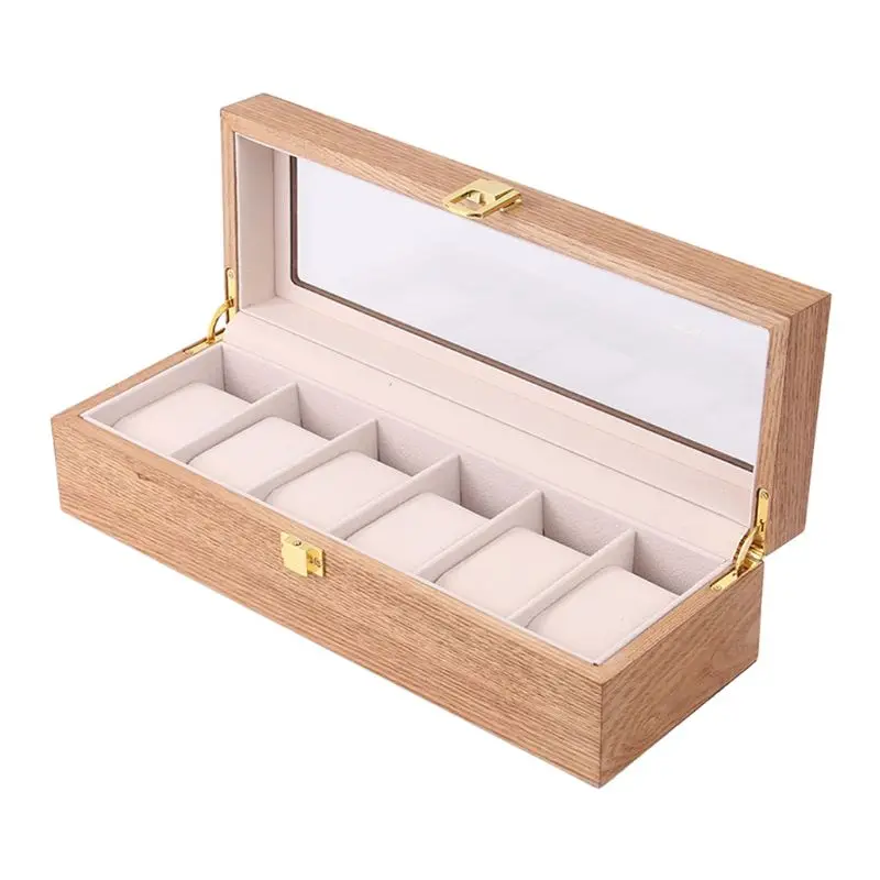 

6 Slots Wooden Case Watch Dial Wood Storage Box with Lock Fashion Watches Gift Jewelry Display Boxes U50C